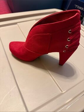 G by Guess Red Suede-Look Lace-Back Ankle Booties